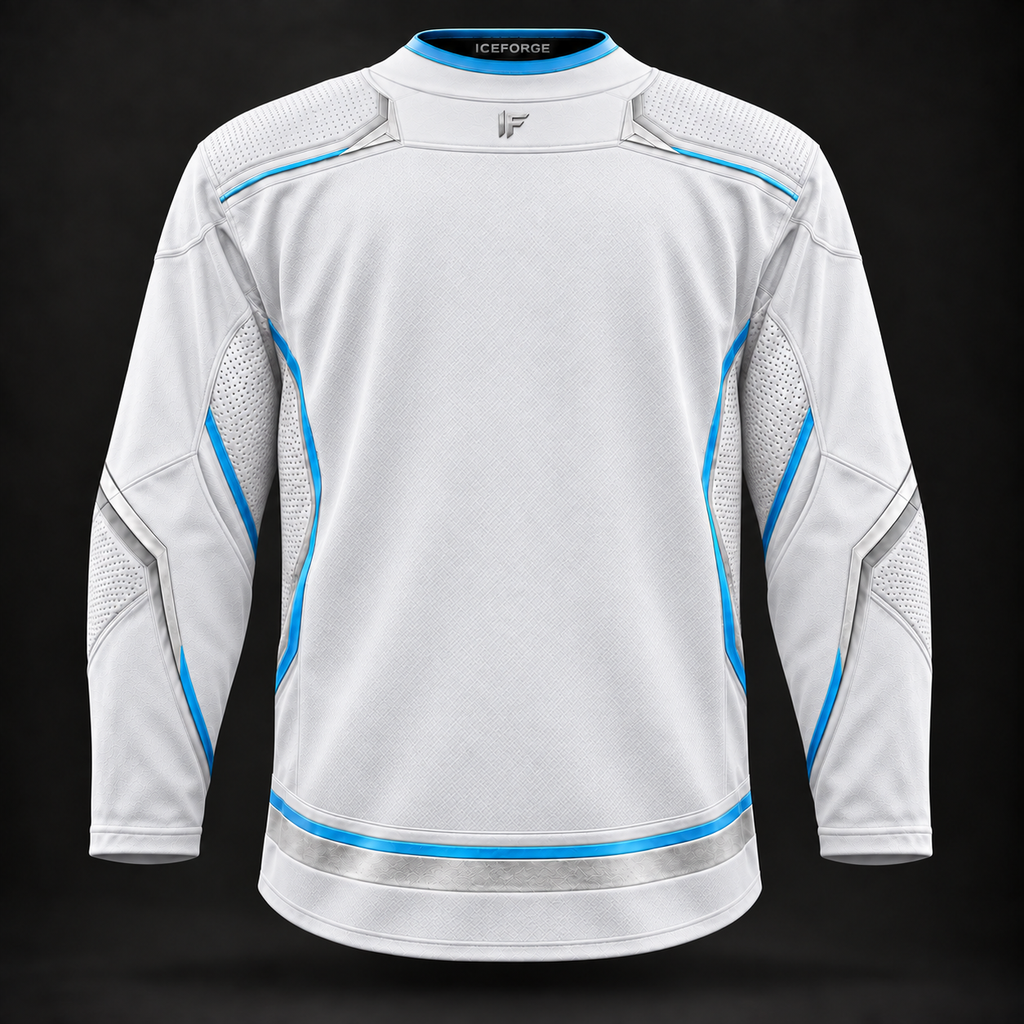 ICEFORGE professional hockey jersey, white, corrected rear view